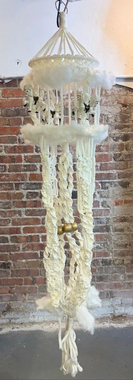 Vintage 60” Macrame Carousel Horse Mobile Hanging Nursery Decor Boho Handmade 60